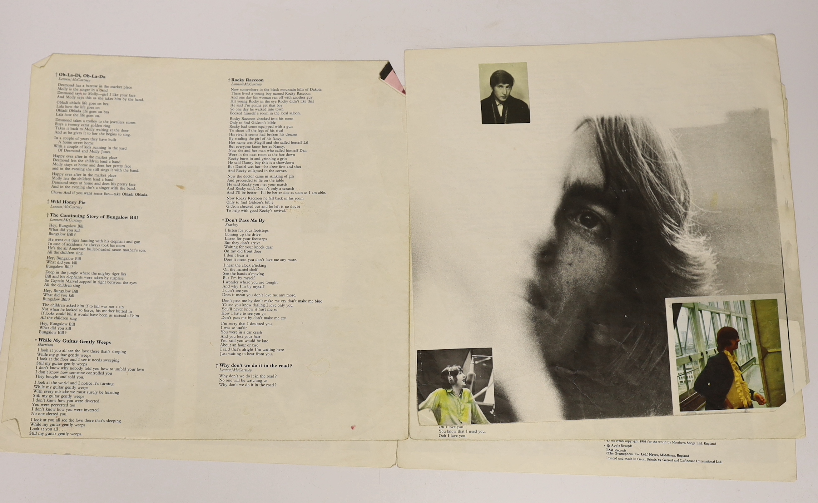 The Beatles; The White Album, top opening cover numbered 0557785, two LPs with set of four photographs and booklet, missing inner sleeves